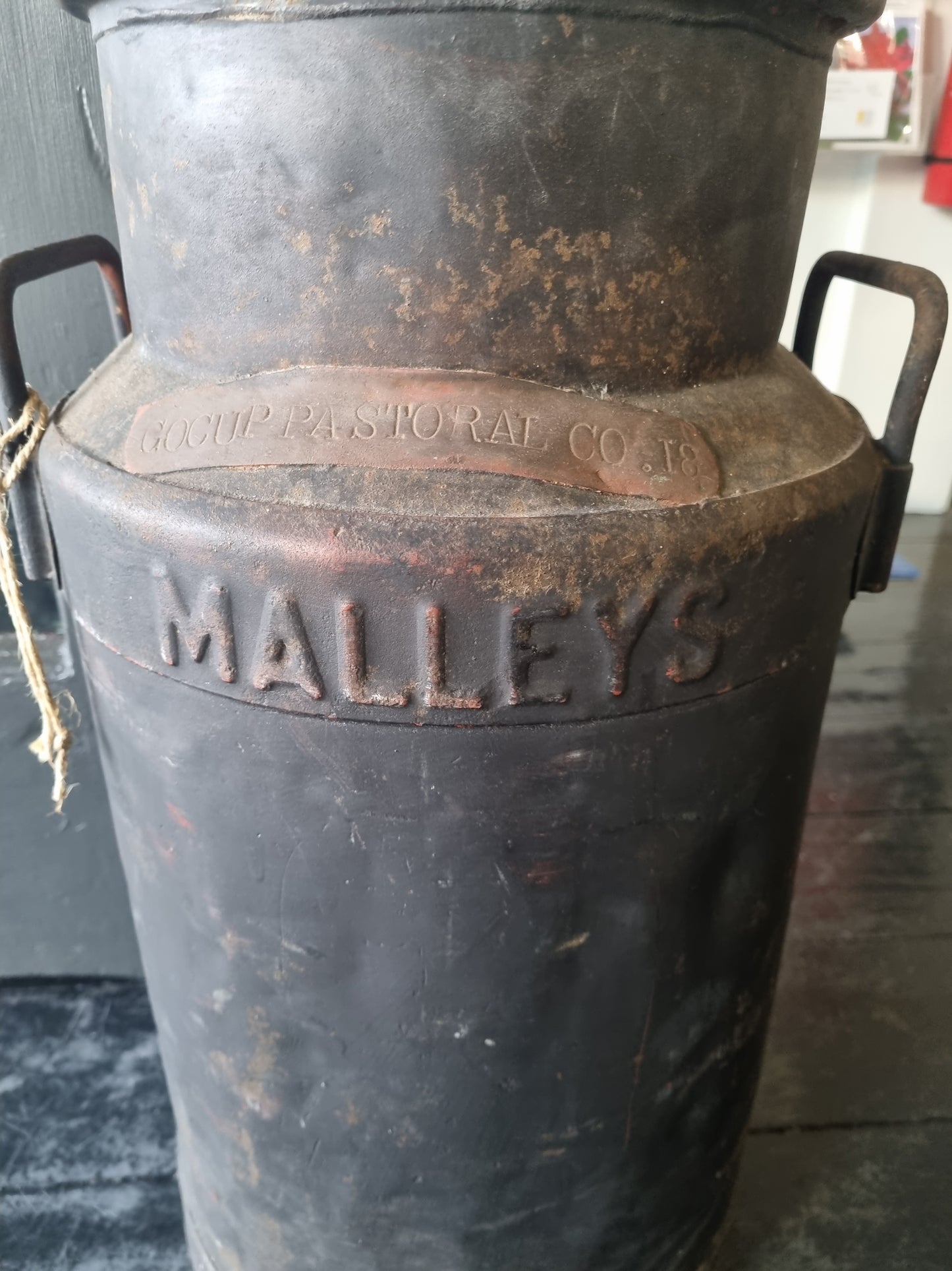 Rare Vintage 10-Gallon Malley Milk Can - Stamped "Gocup Pastoral Co. 18" (55cm high)
