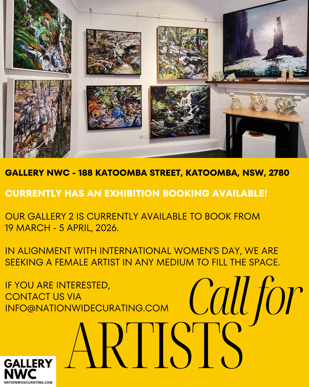 International Women's Day Art Exhibition space available at Gallery NWC, Katoomba!