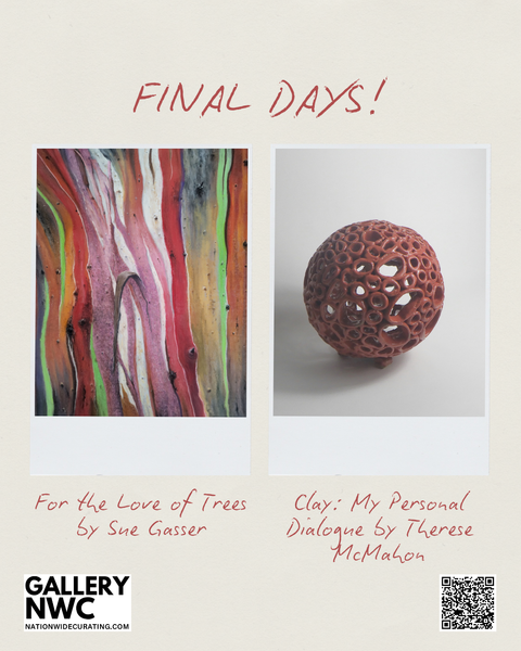 DON'T MISS YOUR CHANCE to experience For the Love of Trees by Sue Gasser, and Clay: My Personal Dialogue by Therese McMahon, closing October 12.
