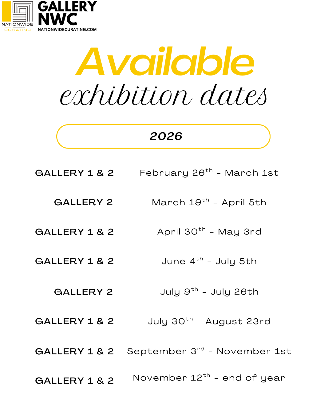 AVAILABLE EXHIBITION DATES - 2026!