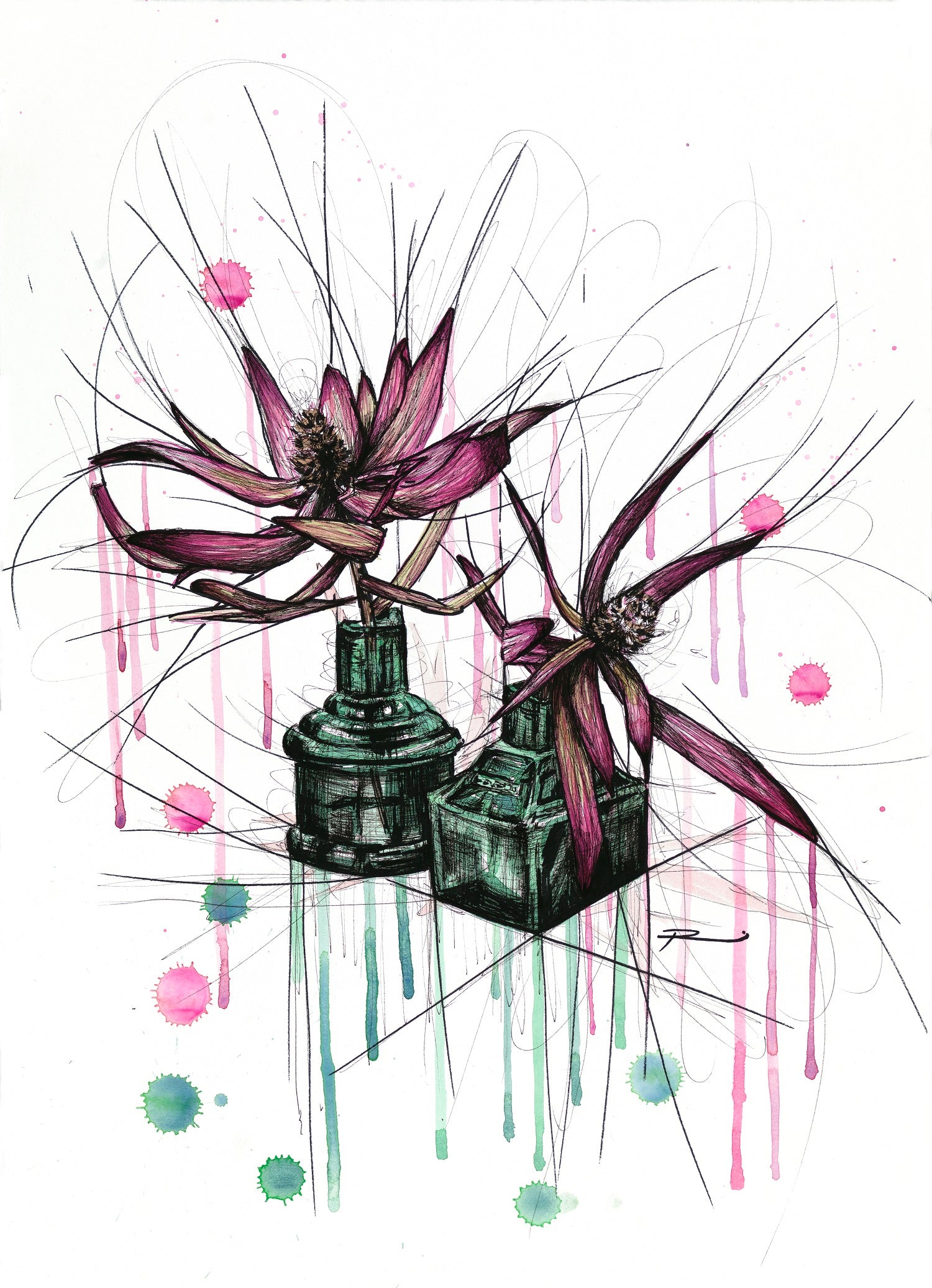 Two pink flowers sit inside little green antique ink pots with sketch marks, artfully extending out from all drawn elements with pen and markers and splashes of pink and green extending from the flowers and inkpots