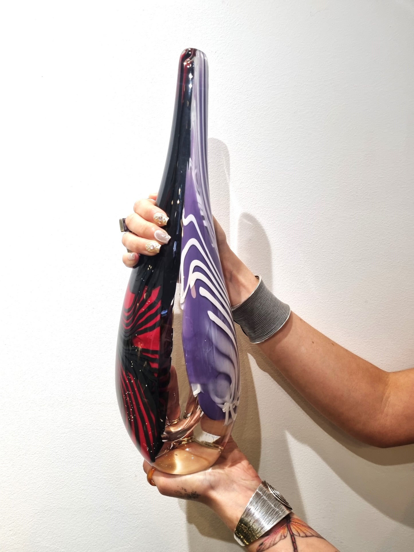 Tall Red and Purple Vase with Black and White Canes