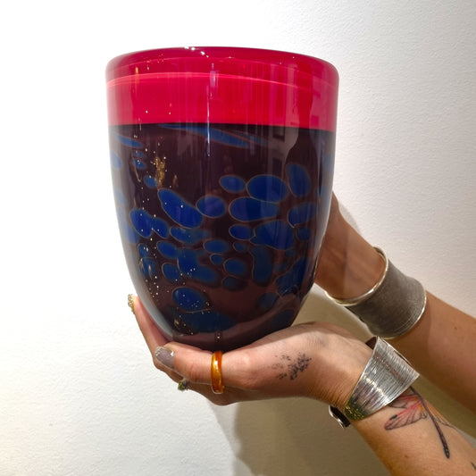 Lava Red and Copper Ruby Bowl with Silver Blue Chips