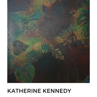 Mixed media artwork on canvas by artist Katherine Kennedy featuring emerald green, yellow and a deep brown, depicting a variety of leaves in an overlapping and layered manner. This is a large and long canvas which can be hung horizontally or vertically.