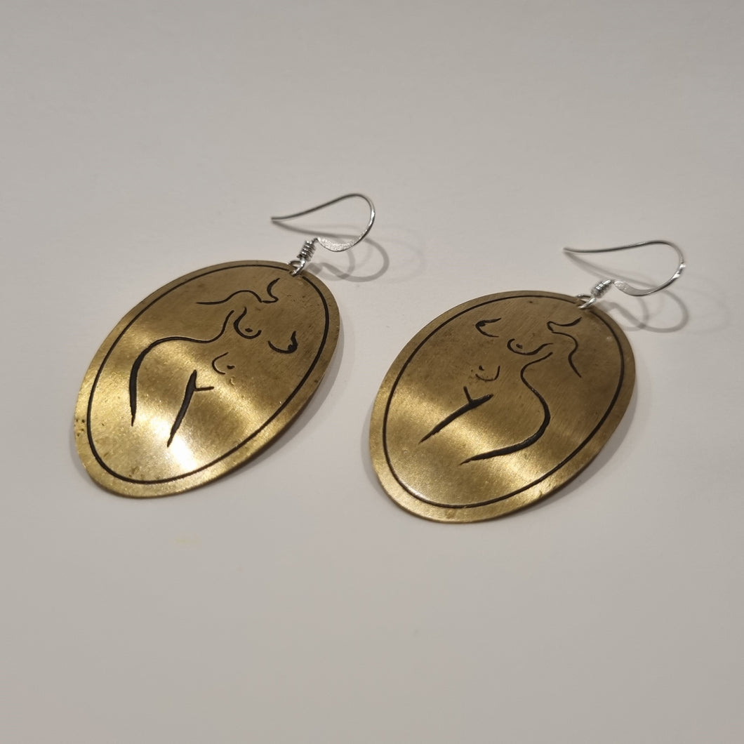 Etched Brass Metal Earrings - Female Form (golden with dark etch)