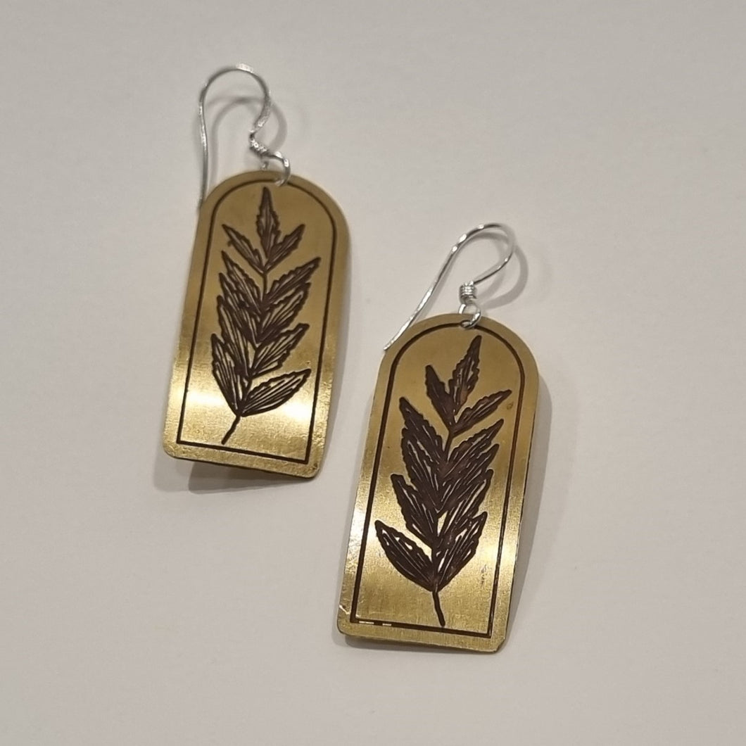 Etched Brass Metal Earrings - Byfield Fern Rectangle