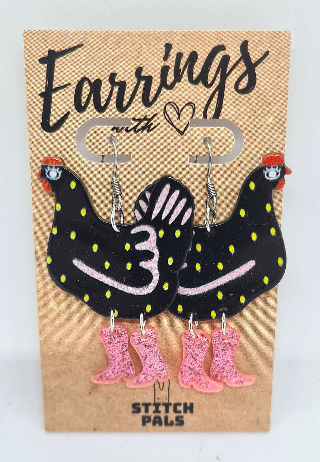 Glam Chook Earrings - Black with Pink Boots