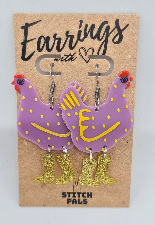 Glam Chook Earrings - Purple with Gold Boots
