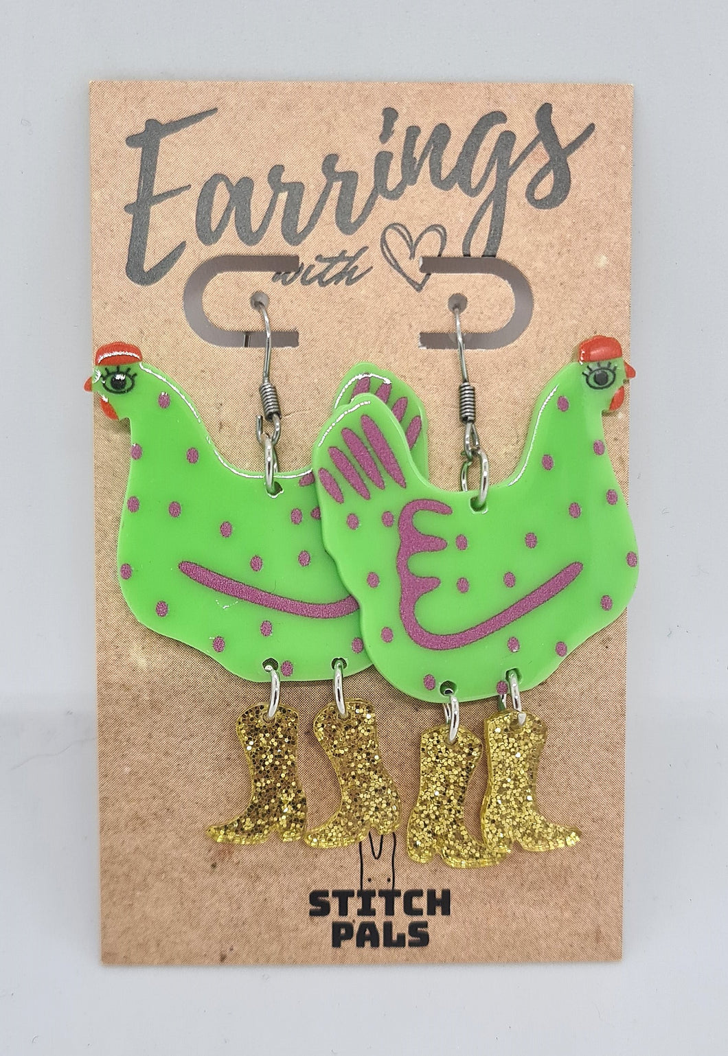 Glam Chook Earrings - Green with Gold Boots