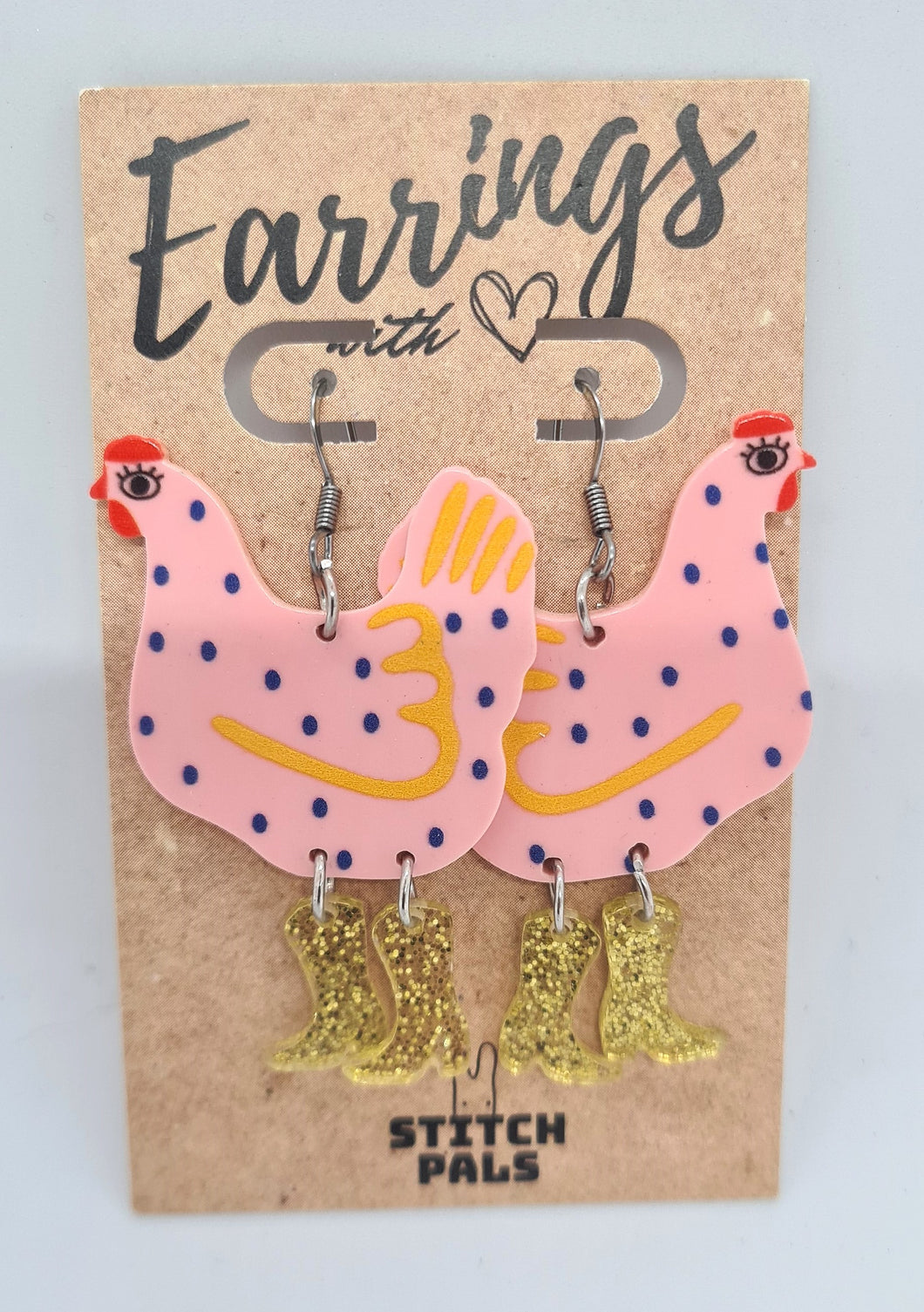 Glam Chook Earrings - Pink with Gold Boots