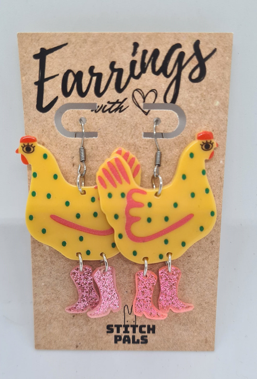 Glam Chook Earrings - Yellow with Pink Boots