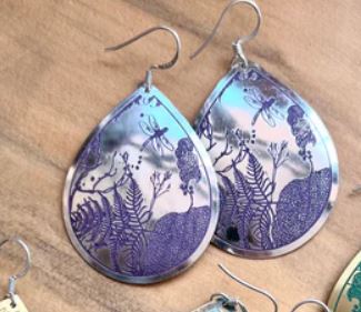 Etched Brass Metal Earrings - Medium Dragonfly - Silver with Purple Etch