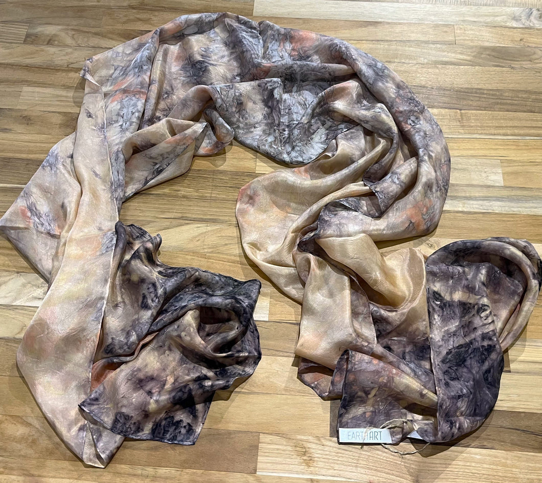 Botanical Print, Fine Silk, Charcoal and Terracotta Tones, 230cm x 54cm Scarf