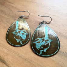 Load image into Gallery viewer, Etched Brass Metal Earrings - Blue Wren
