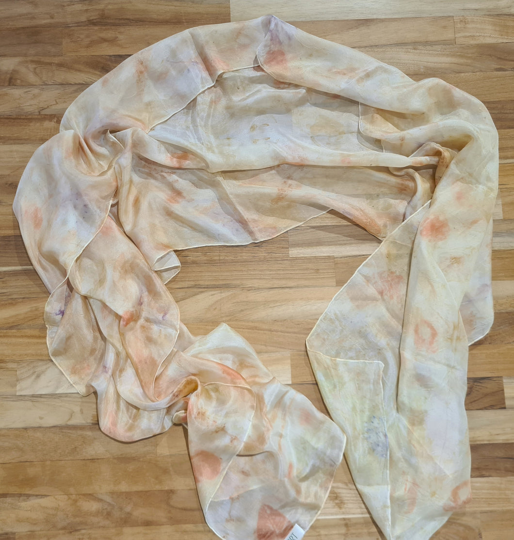 Botanical Print, Fine Silk, Soft Peach and Yellow Tones, 230cm x 54cm Scarf