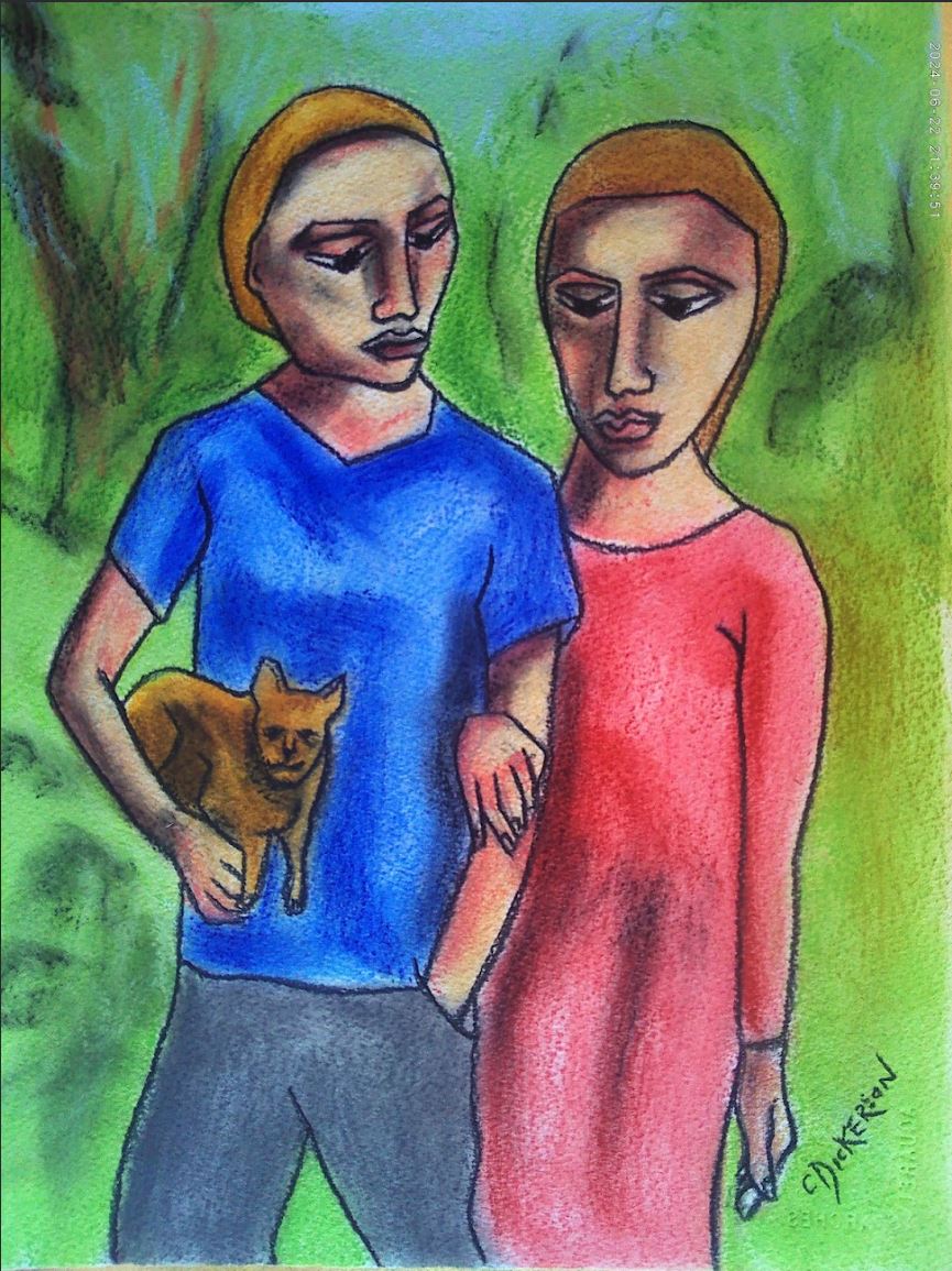 Couple bush walking with small dog