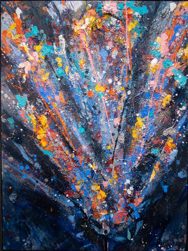 'Big Bang' looks like an impressive explosion of vibrant colours against a dark background, erupting from the lower section of the painting
